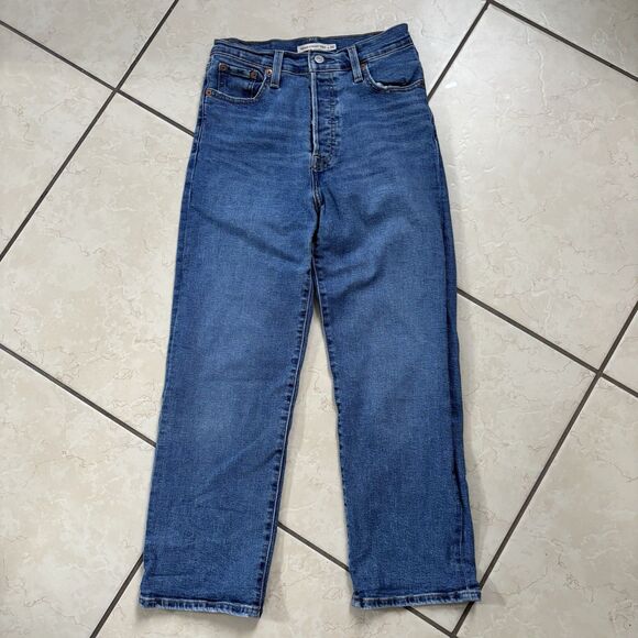 Levis Jeans Womens Sz 26 Ribcage Straight Ankle Blue Denim High Rise Button Fly - Picture 1 of 7